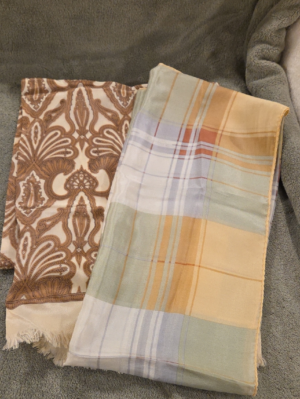 Brown/Ivory and Pastel Plaid Silk Scarves
